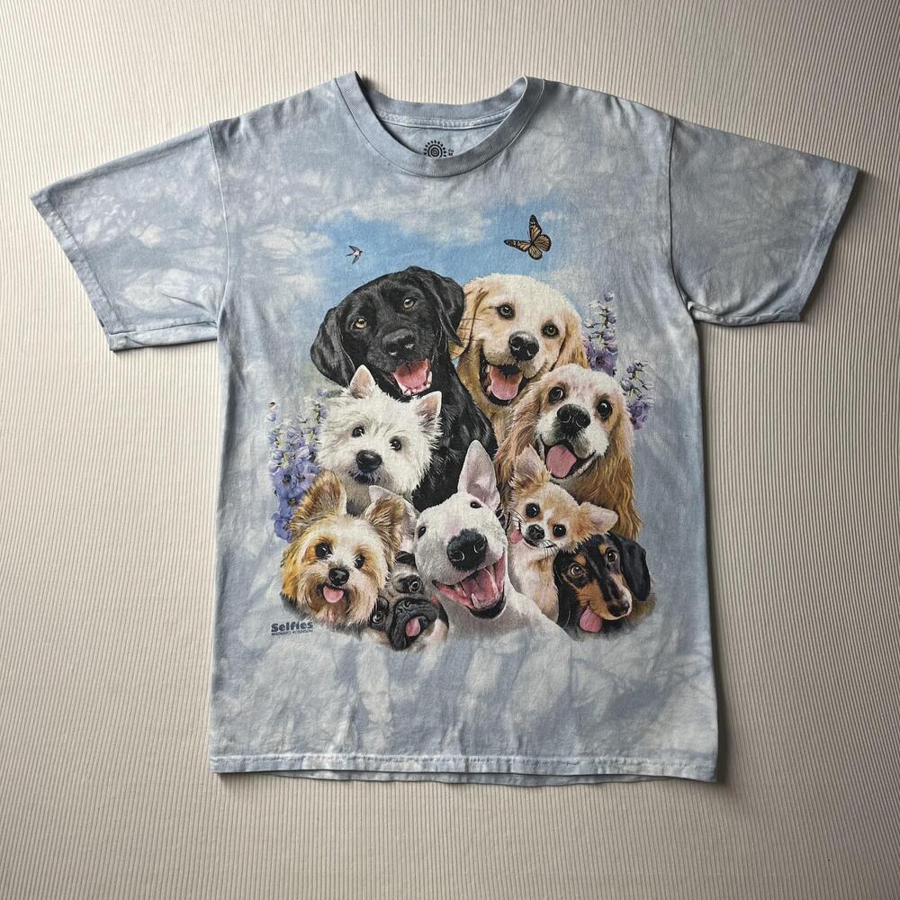 The Mountain Shirt Mens M Blue Dog Selfies Graphic Tee Animals Tie Dye Puppies